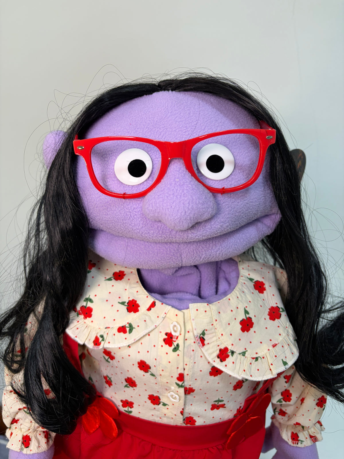 Dottie Bloom – Purple Girl Hand Puppet | Floral Blouse, Red Skirt & Black Hair | Pubbets Lab Original | 1 of 1