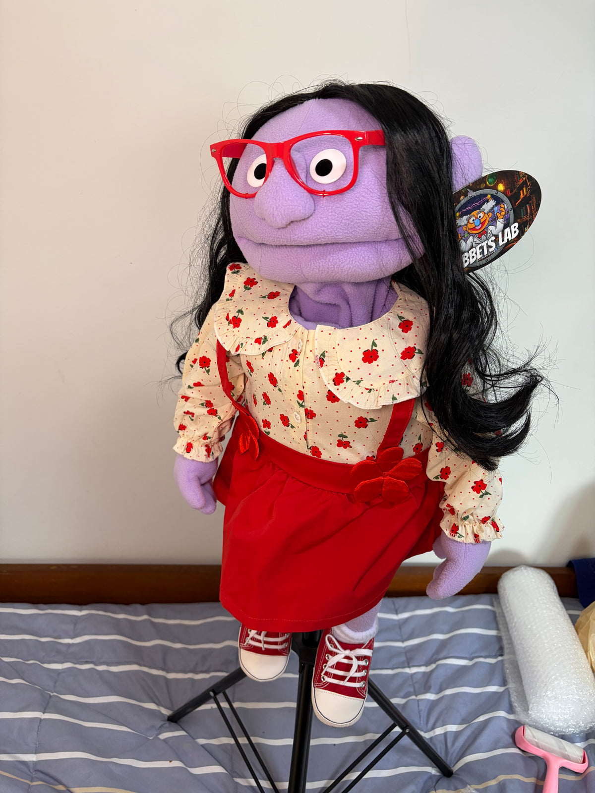 Dottie Bloom – Purple Girl Hand Puppet | Floral Blouse, Red Skirt & Black Hair | Pubbets Lab Original | 1 of 1