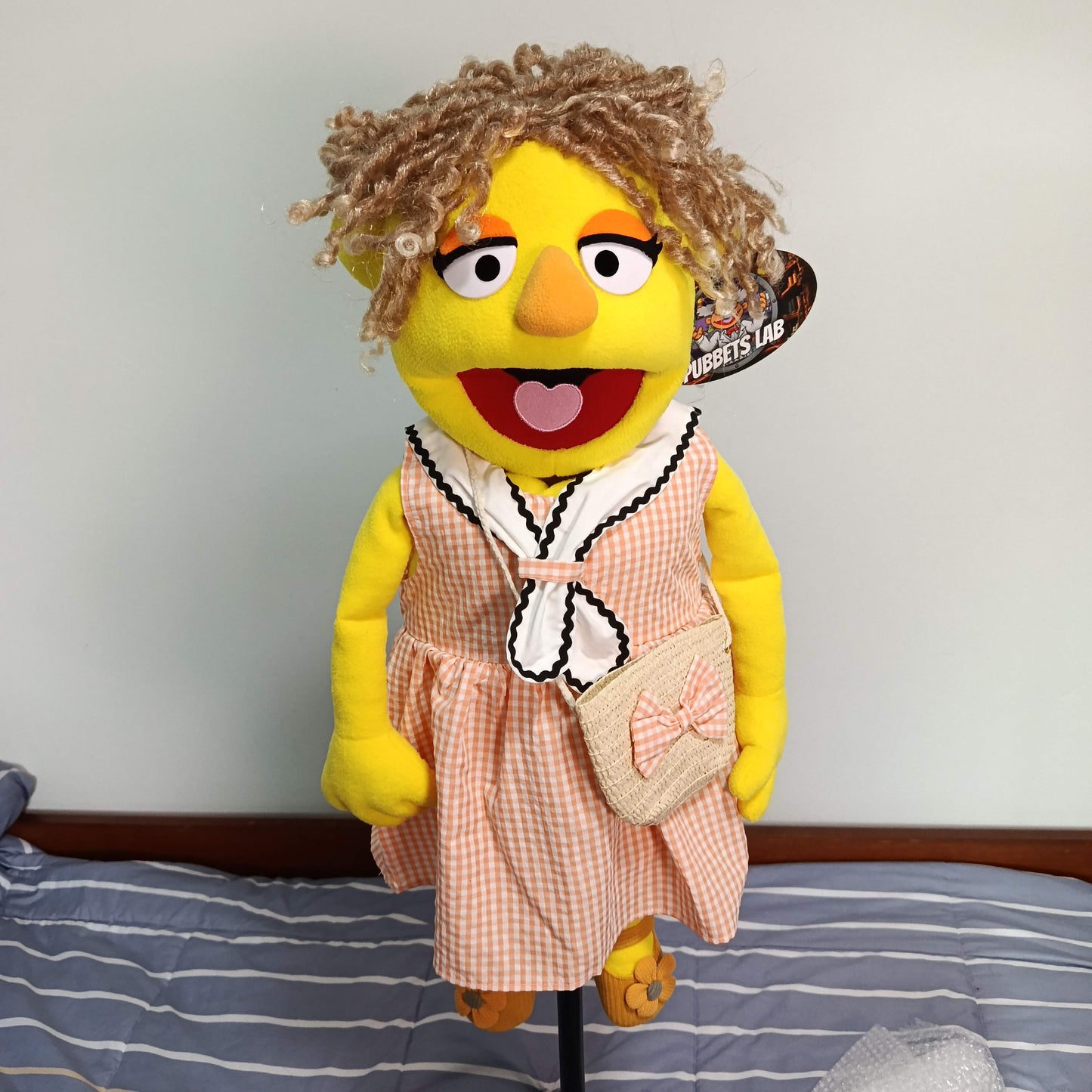 Peggy – Yellow Girl Hand Puppet | Gingham Dress & Straw Bag | Pubbets Lab Original | 1 of 1