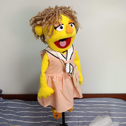 Peggy – Yellow Girl Hand Puppet | Gingham Dress & Straw Bag | Pubbets Lab Original | 1 of 1