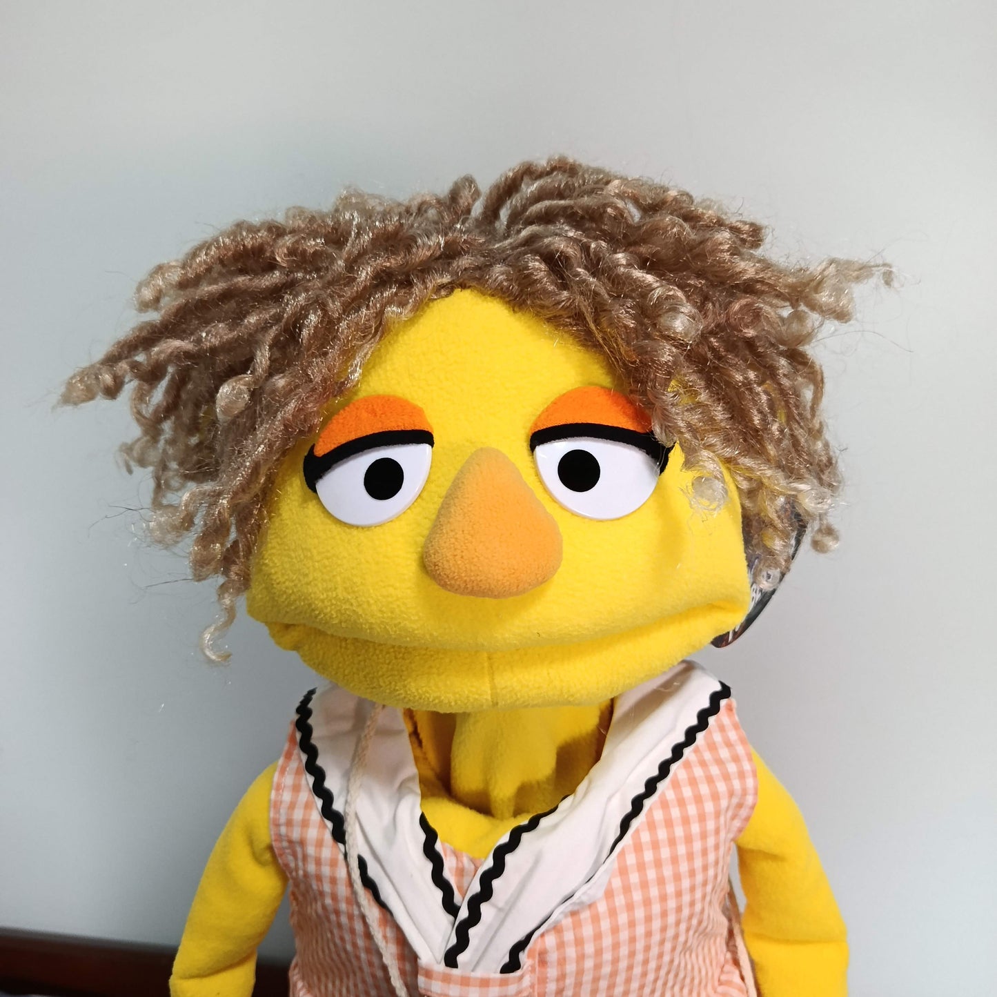 Peggy – Yellow Girl Hand Puppet | Gingham Dress & Straw Bag | Pubbets Lab Original | 1 of 1
