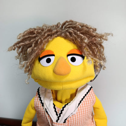 Peggy – Yellow Girl Hand Puppet | Gingham Dress & Straw Bag | Pubbets Lab Original | 1 of 1