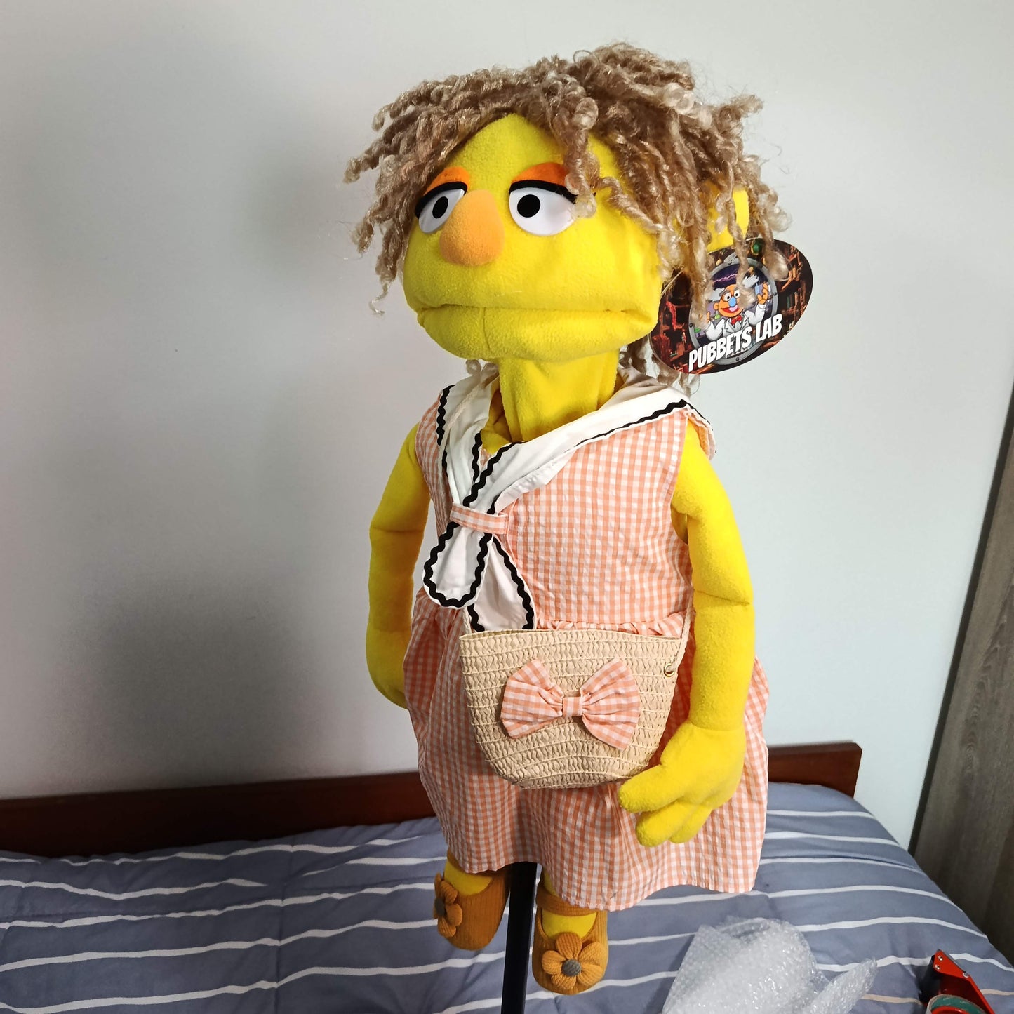 Peggy – Yellow Girl Hand Puppet | Gingham Dress & Straw Bag | Pubbets Lab Original | 1 of 1