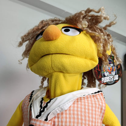 Peggy – Yellow Girl Hand Puppet | Gingham Dress & Straw Bag | Pubbets Lab Original | 1 of 1