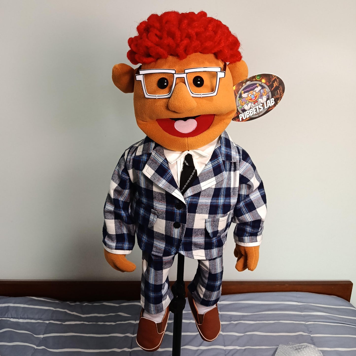 Morty – Gameshow Host Hand Puppet | Red Curly Hair & Plaid Suit | Pubbets Lab Original | 1 of 1