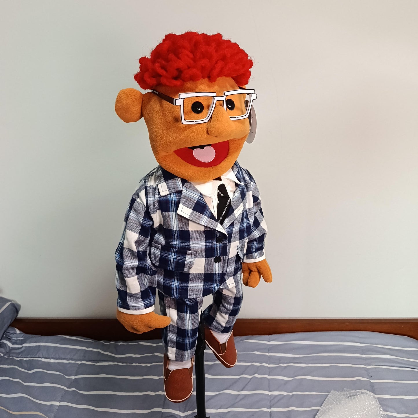 Morty – Gameshow Host Hand Puppet | Red Curly Hair & Plaid Suit | Pubbets Lab Original | 1 of 1