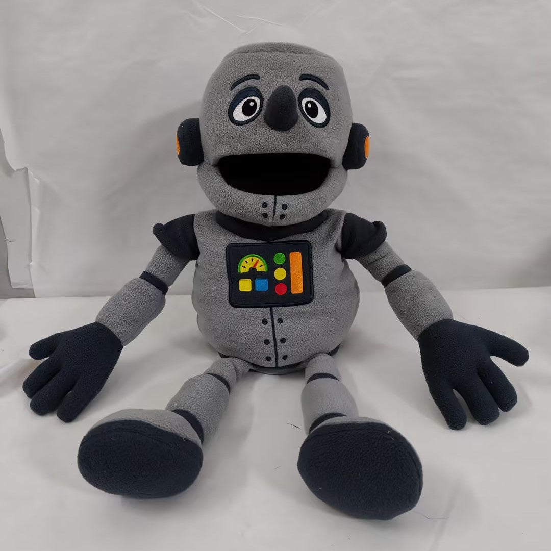 Plush robot toy with a gray head and black gloves on a white background
