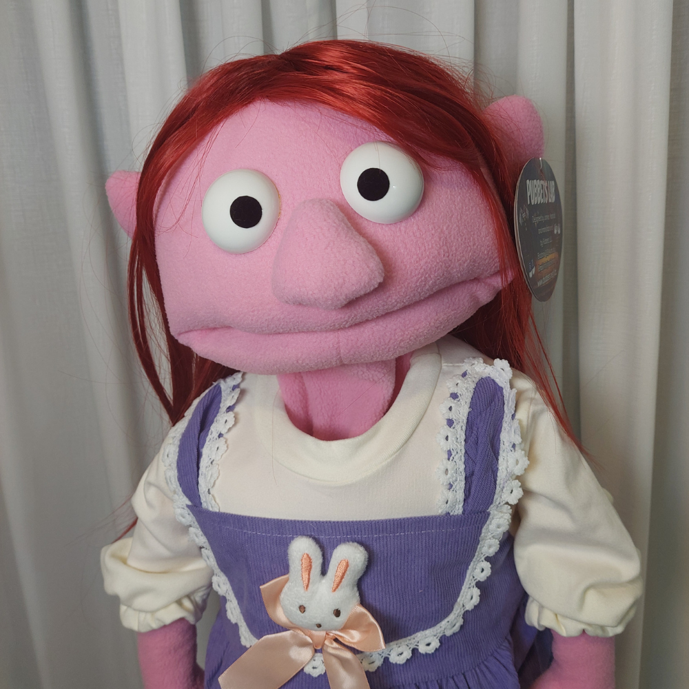 Peggy – Sweet Girl Hand Puppet | Purple Pinafore | Pubbets Lab Original | 1 of 1
