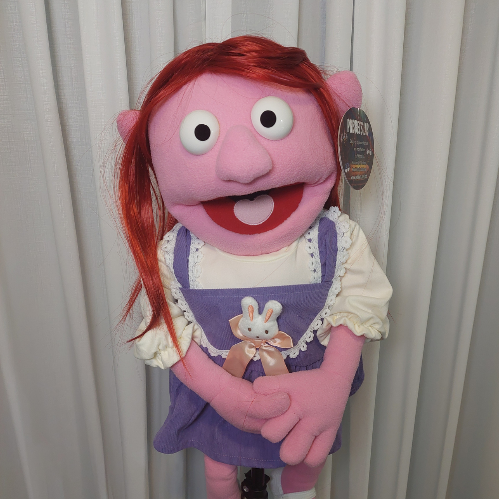 Peggy – Sweet Girl Hand Puppet | Purple Pinafore | Pubbets Lab Original | 1 of 1