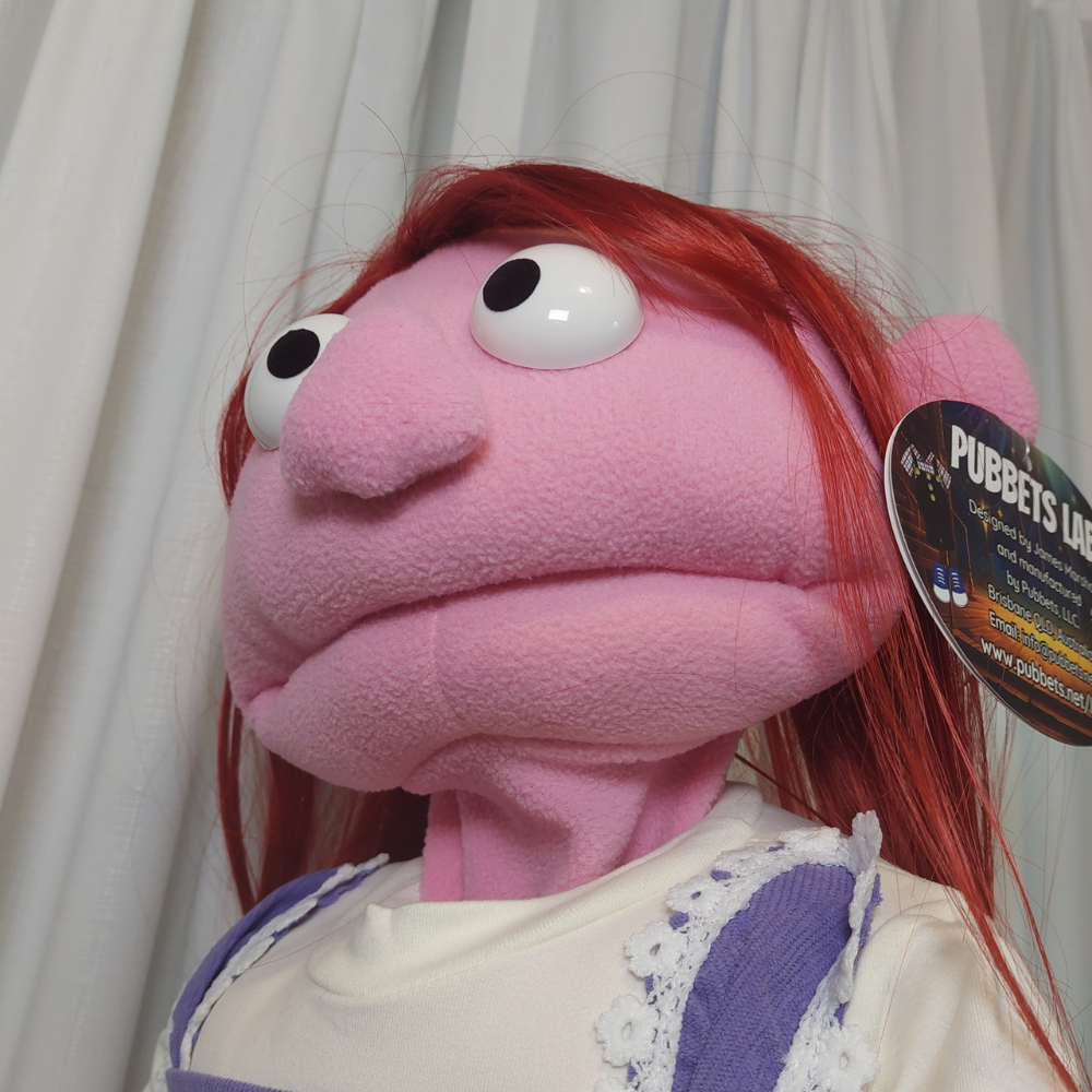 Peggy – Sweet Girl Hand Puppet | Purple Pinafore | Pubbets Lab Original | 1 of 1