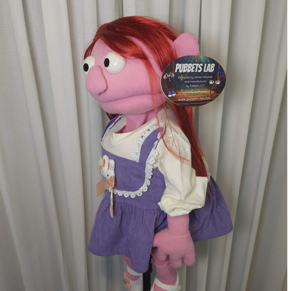 Peggy – Sweet Girl Hand Puppet | Purple Pinafore | Pubbets Lab Original | 1 of 1
