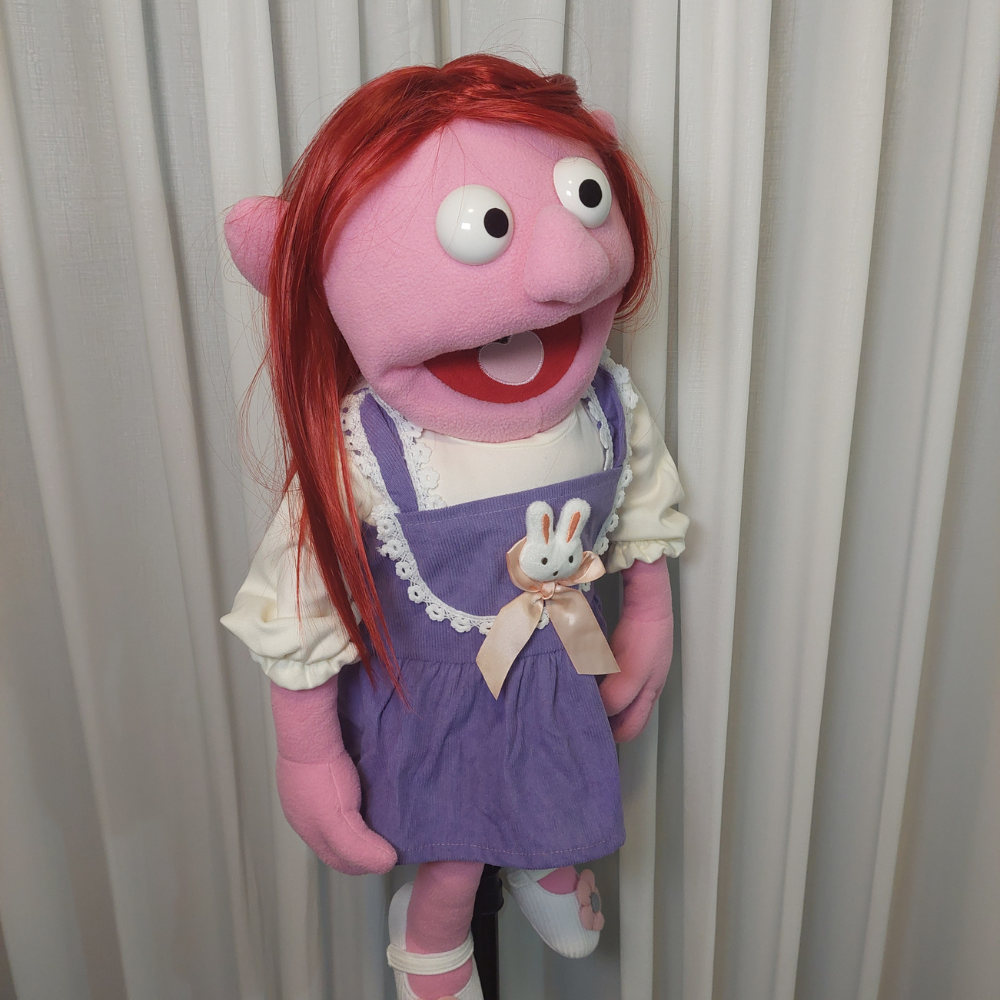 Peggy – Sweet Girl Hand Puppet | Purple Pinafore | Pubbets Lab Original | 1 of 1