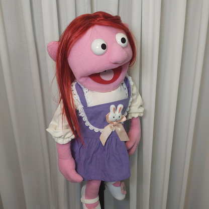 Peggy – Sweet Girl Hand Puppet | Purple Pinafore | Pubbets Lab Original | 1 of 1