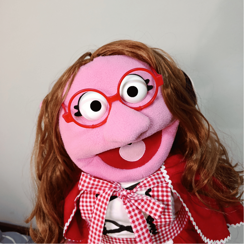 Sharon Riding Hood – Pink Girl Hand Puppet | Red Riding Hood Outfit, Wavy Brown Hair & Red Glasses | Pubbets Lab Original | 1 of 1