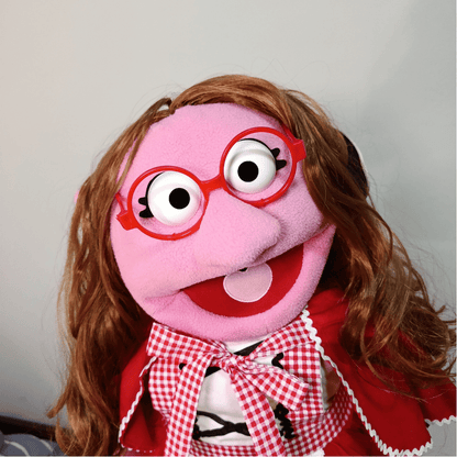 Sharon Riding Hood – Pink Girl Hand Puppet | Red Riding Hood Outfit, Wavy Brown Hair & Red Glasses | Pubbets Lab Original | 1 of 1