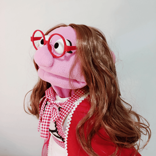 Sharon Riding Hood – Pink Girl Hand Puppet | Red Riding Hood Outfit, Wavy Brown Hair & Red Glasses | Pubbets Lab Original | 1 of 1