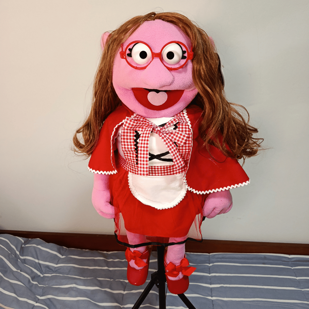 Sharon Riding Hood – Pink Girl Hand Puppet | Red Riding Hood Outfit, Wavy Brown Hair & Red Glasses | Pubbets Lab Original | 1 of 1