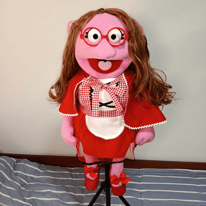 Sharon Riding Hood – Pink Girl Hand Puppet | Red Riding Hood Outfit, Wavy Brown Hair & Red Glasses | Pubbets Lab Original | 1 of 1