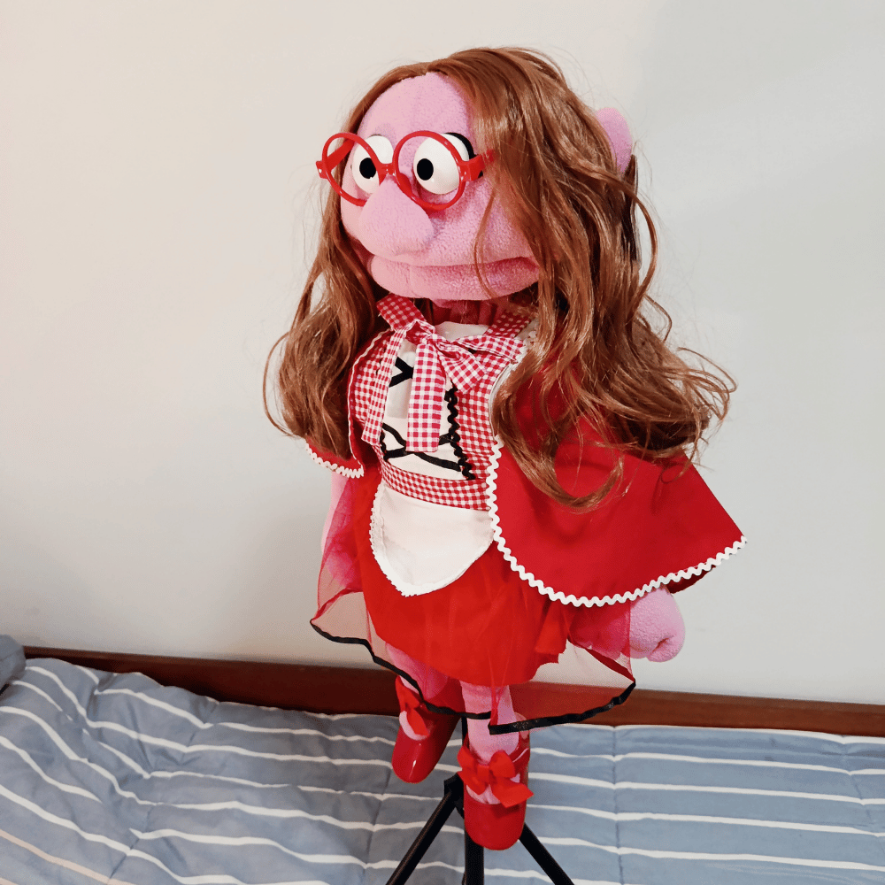 Sharon Riding Hood – Pink Girl Hand Puppet | Red Riding Hood Outfit, Wavy Brown Hair & Red Glasses | Pubbets Lab Original | 1 of 1
