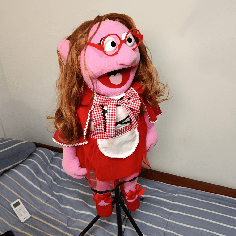 Sharon Riding Hood – Pink Girl Hand Puppet | Red Riding Hood Outfit, Wavy Brown Hair & Red Glasses | Pubbets Lab Original | 1 of 1
