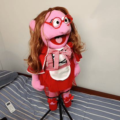 Sharon Riding Hood – Pink Girl Hand Puppet | Red Riding Hood Outfit, Wavy Brown Hair & Red Glasses | Pubbets Lab Original | 1 of 1