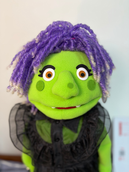 Winnie Wobblewort – Green Witch Hand Puppet | Purple Dreadlocks & Gothic Dress | Pubbets Lab Original | 1 of 1