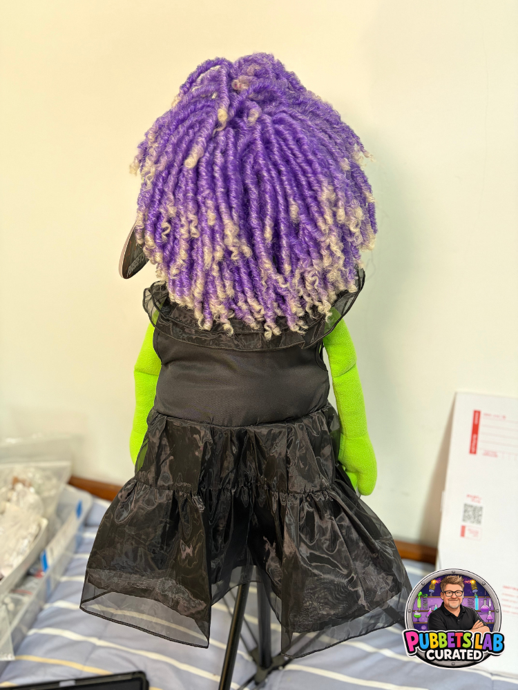 Winnie Wobblewort – Green Witch Hand Puppet | Purple Dreadlocks & Gothic Dress | Pubbets Lab Original | 1 of 1