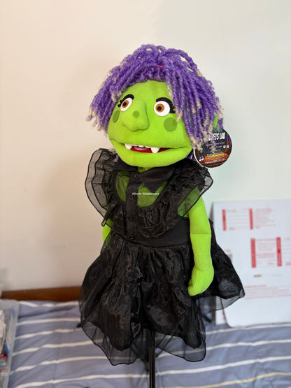 Winnie Wobblewort – Green Witch Hand Puppet | Purple Dreadlocks & Gothic Dress | Pubbets Lab Original | 1 of 1