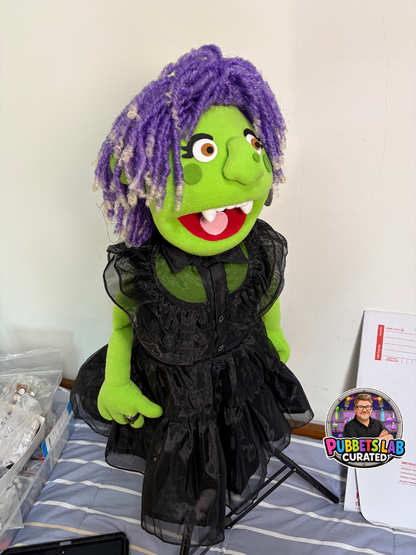 Winnie Wobblewort – Green Witch Hand Puppet | Purple Dreadlocks & Gothic Dress | Pubbets Lab Original | 1 of 1