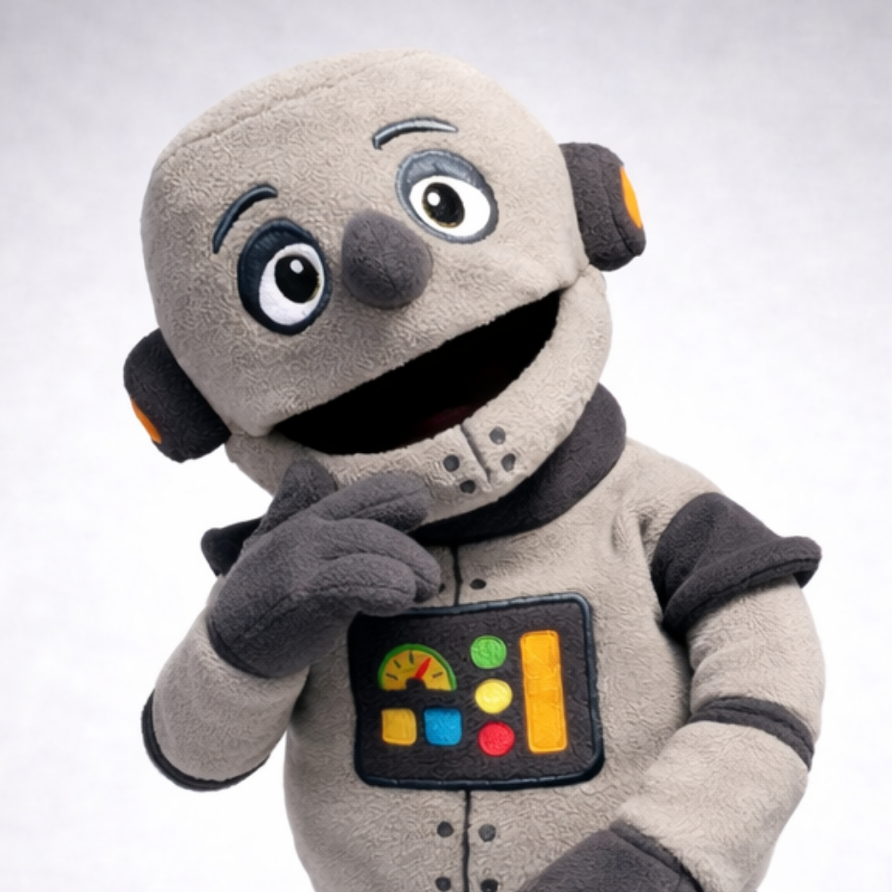 Klanker the grey robot hand puppet smiling with one hand raised, showing his orange ears and colourful control-panel chest patch.